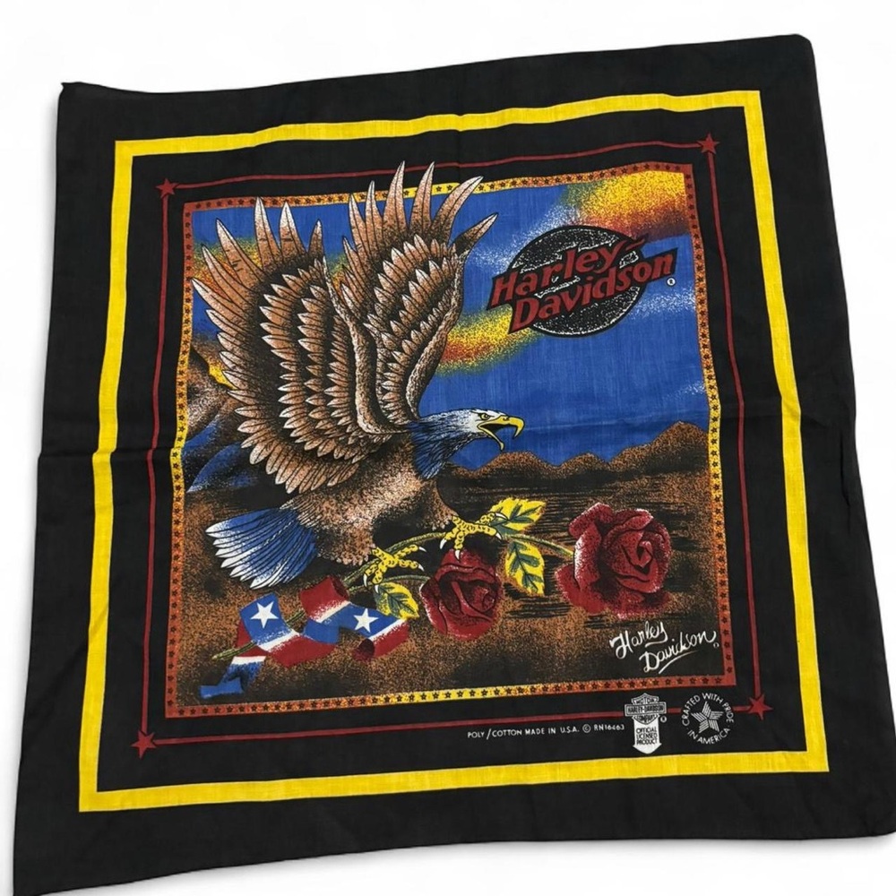 80s Harley-Davidson Bandana, Eagle & Roses Print, Bikercore